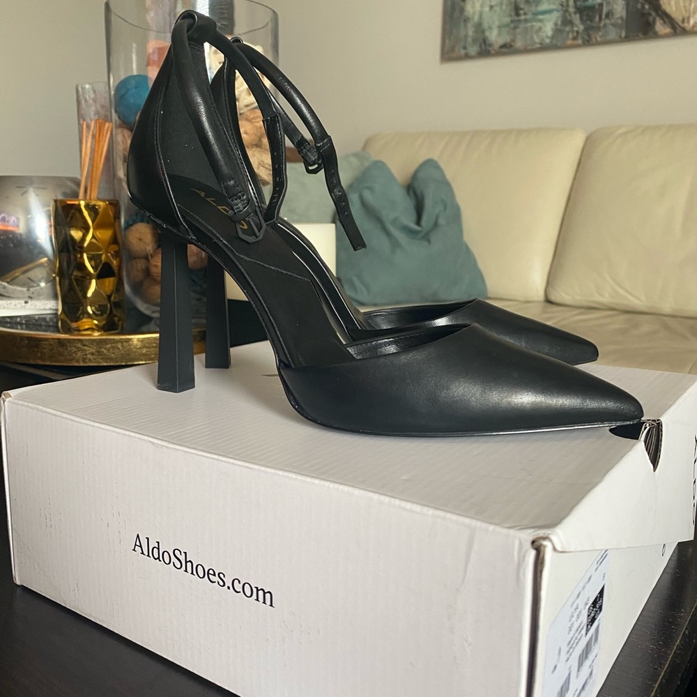 Black Aldo Lilya Pointed Toe Ankle Strap Pump Heel